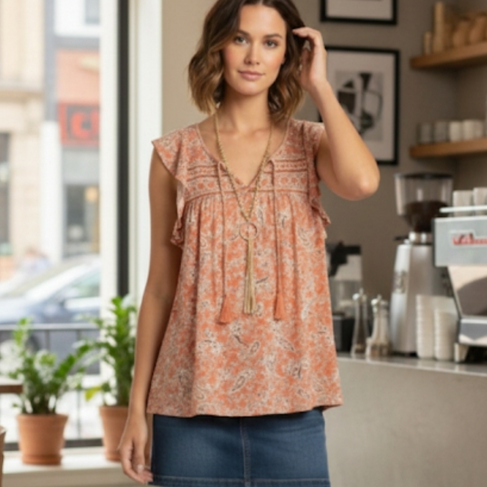 SANCTUARY Wild Belle Tassel Tie Coral Boho Sleeveless Embroidered Knit Top NWT